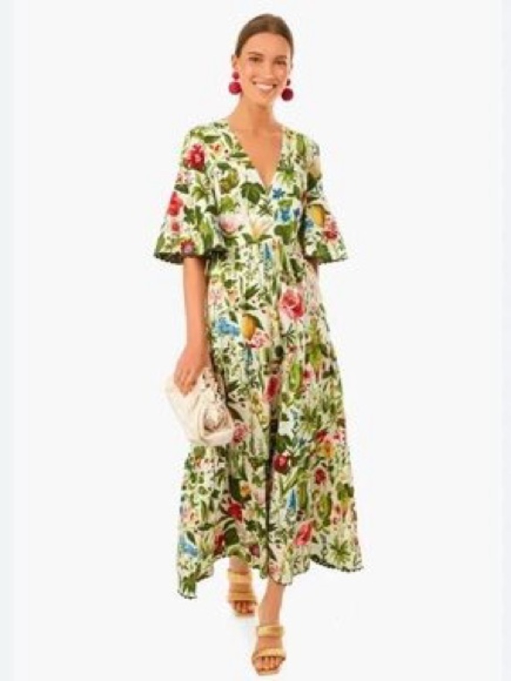 Tuckernuck Green Floral V-Neck Maxi Dress with Multicolor Blooms S